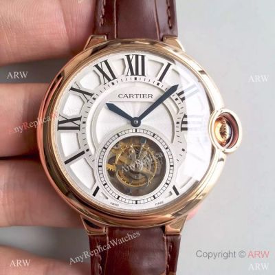 Swiss Ballon Bleu de Cartier Rose Gold Case Brown Leather Tourbillon Replica Watch